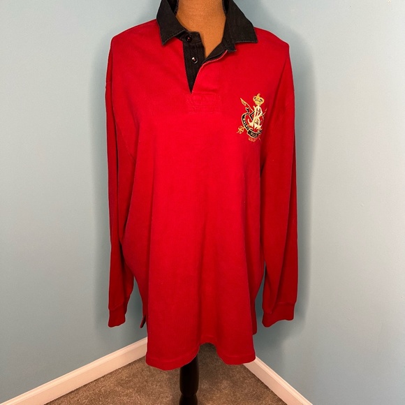 Polo Ralph Lauren Red with Black Collar Rugby Shirt Crown and Crest Patch Large - Picture 1 of 8